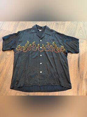 Vintage Johnny Suede Black Embroidered Flame Rockabilly Bowling Shirt Size M